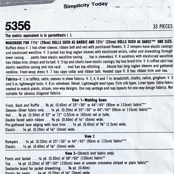 3/$20 Vintage Simplicity Barbie & Darci Doll Sewing Patterns – #5637 & #5356 - Picture 9 of 9